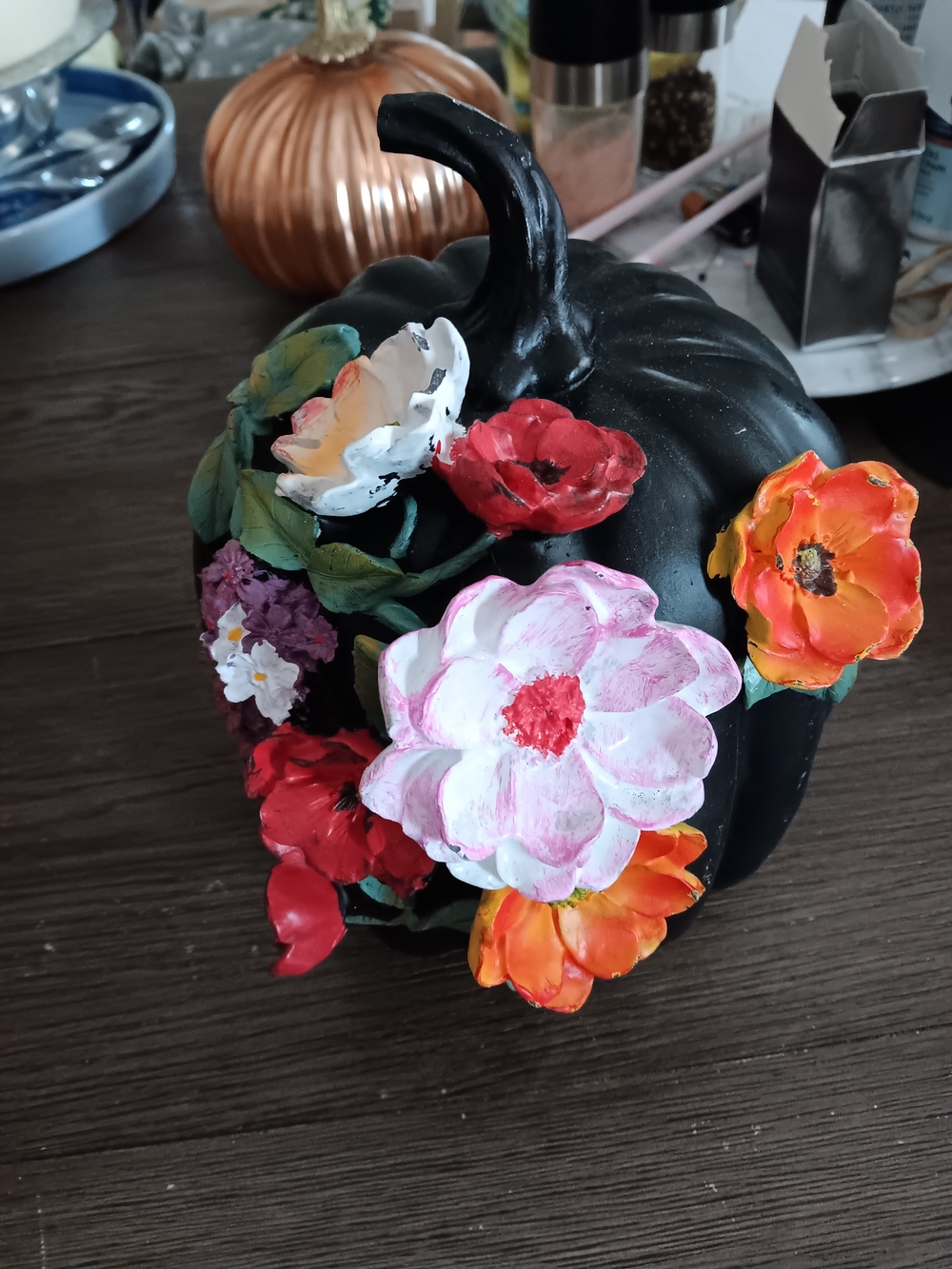 Black Floral Ceramic Pumpkin Decor